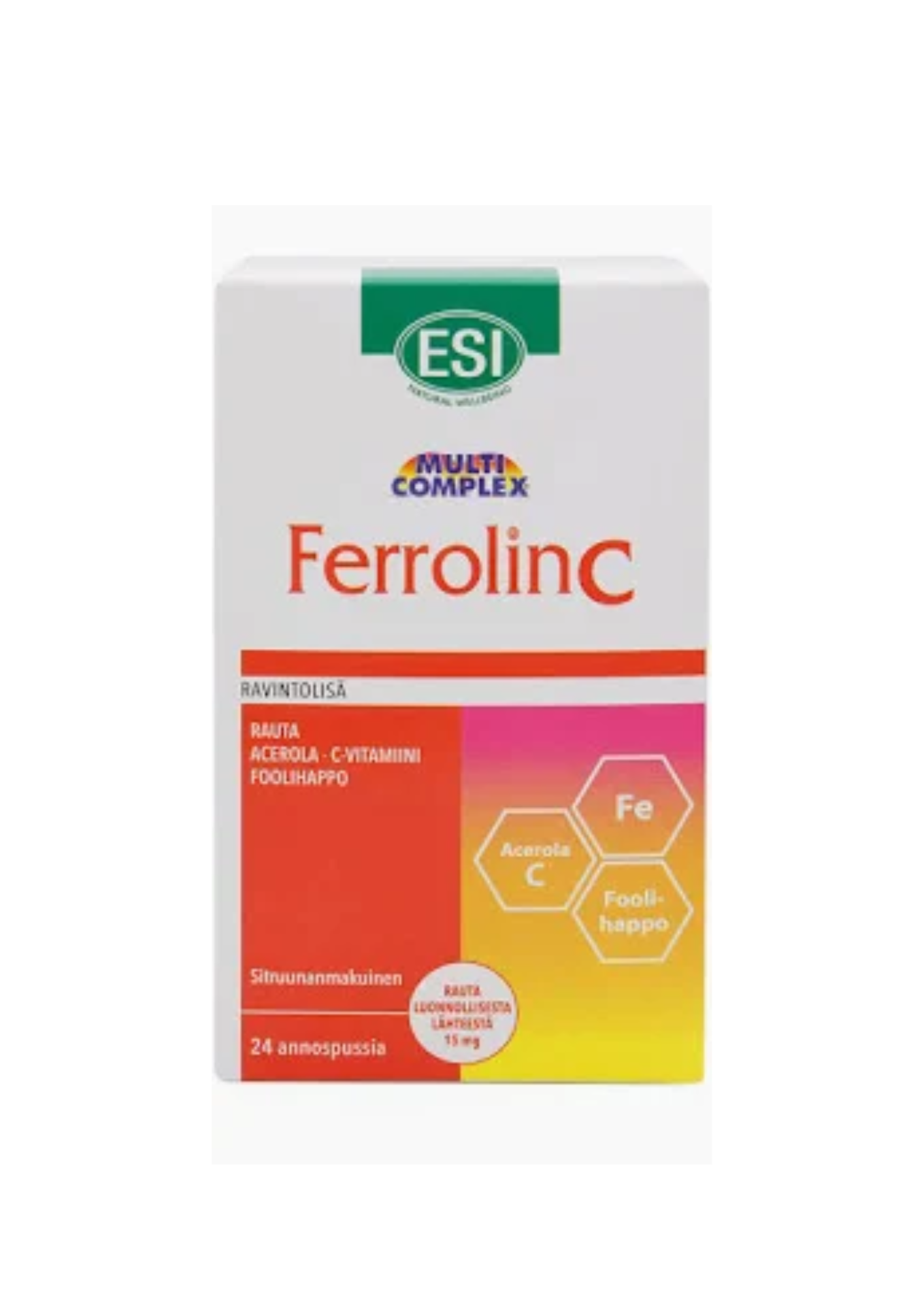 ESI FerrolinC Sitruunanmakuinen Rautapidolaatti + Acerola 24 annospussia 480ml